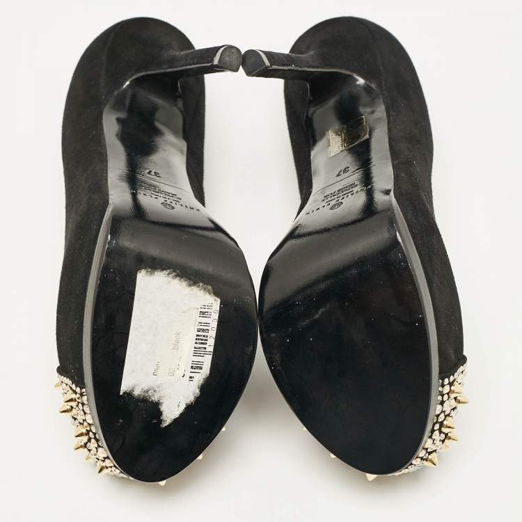 Pre Owned Philipp Plein Black Suede Spike Embellished Platform  Pumps Size 37