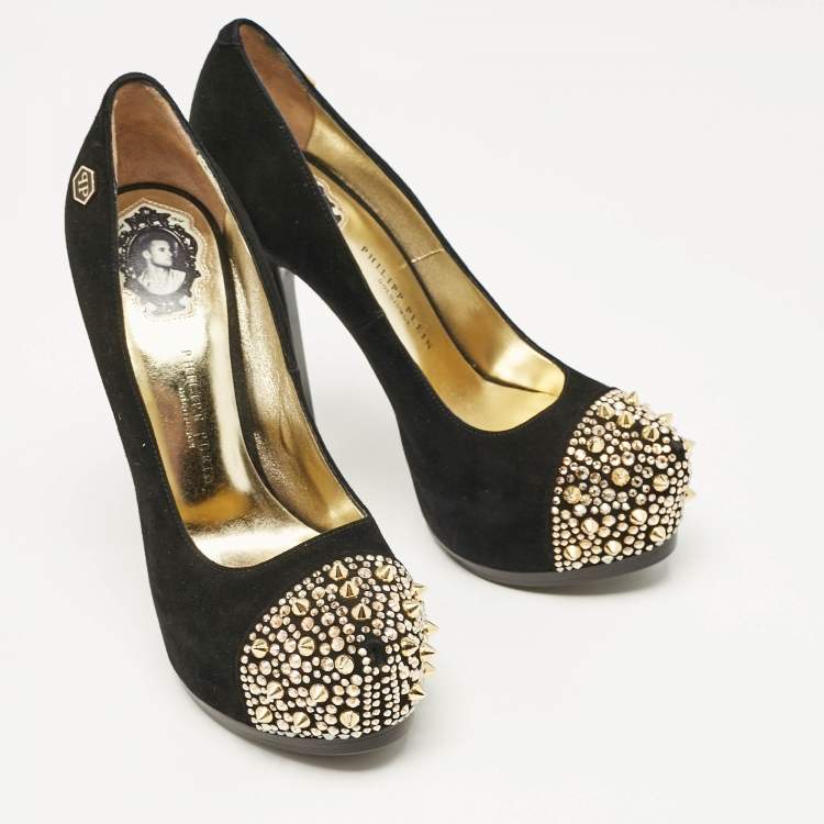 Pre Owned Philipp Plein Black Suede Spike Embellished Platform  Pumps Size 37