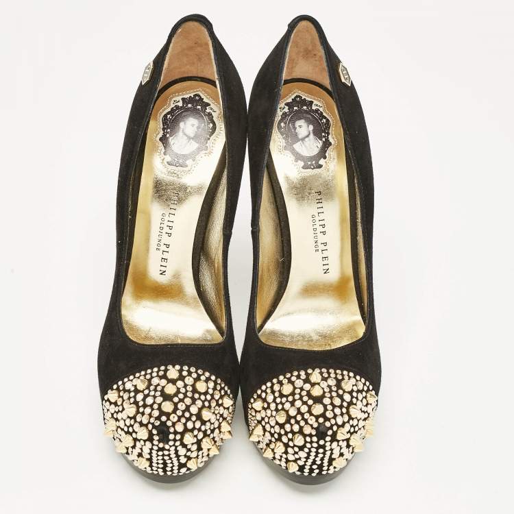 Pre Owned Philipp Plein Black Suede Spike Embellished Platform  Pumps Size 37