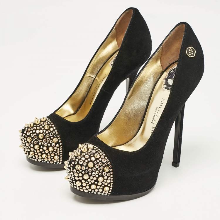 Pre Owned Philipp Plein Black Suede Spike Embellished Platform  Pumps Size 37