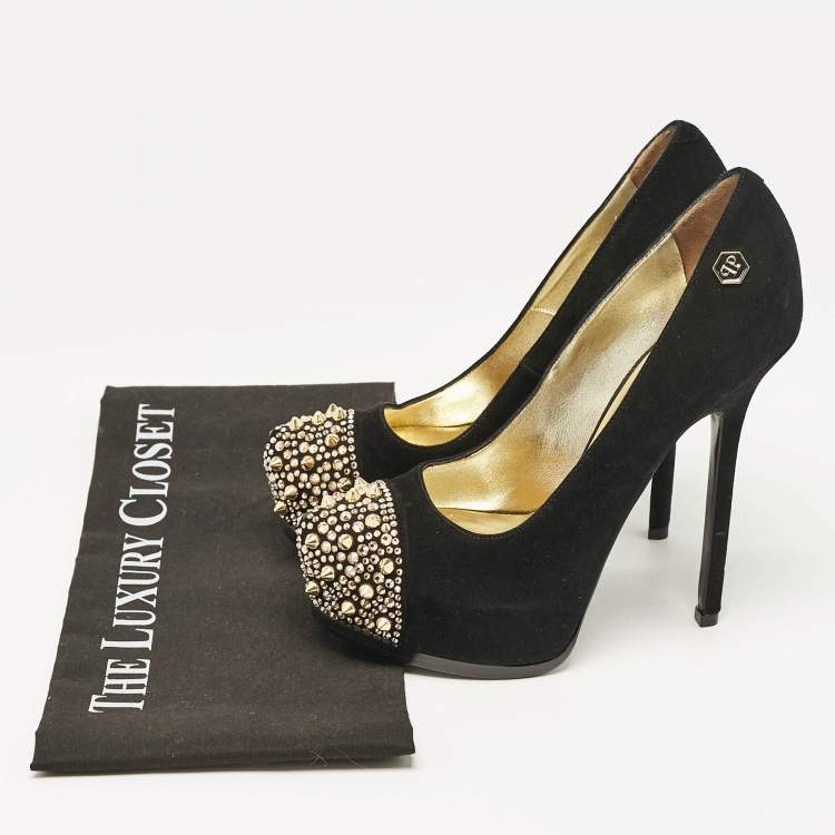 Pre Owned Philipp Plein Black Suede Spike Embellished Platform  Pumps Size 37