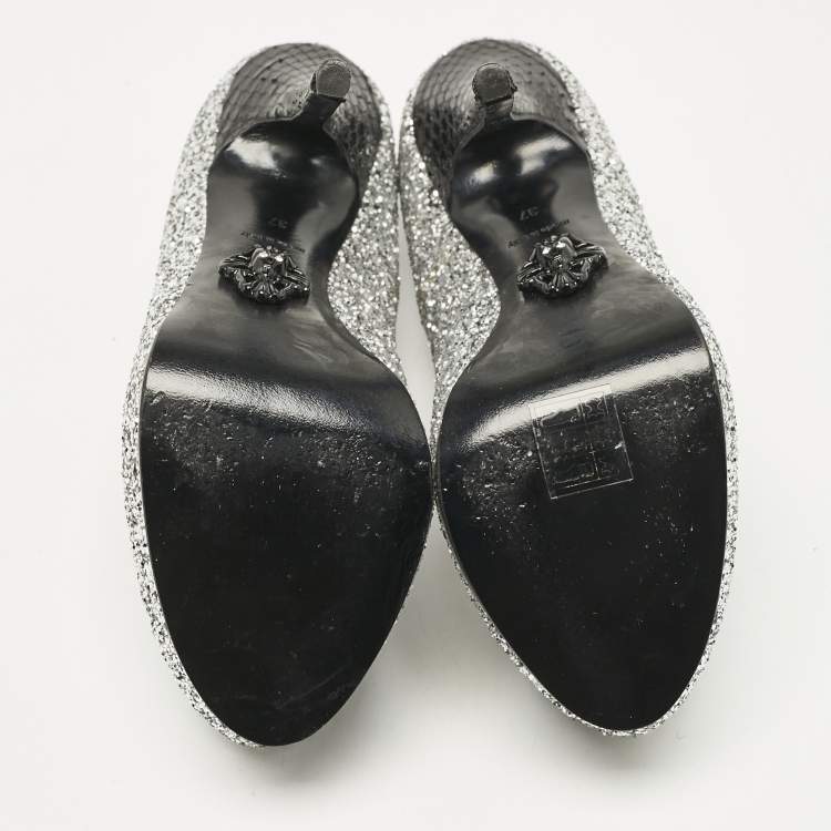 Pre Owned Philipp Plein Silver/Black Glitter and Python Platform Pumps Size 37