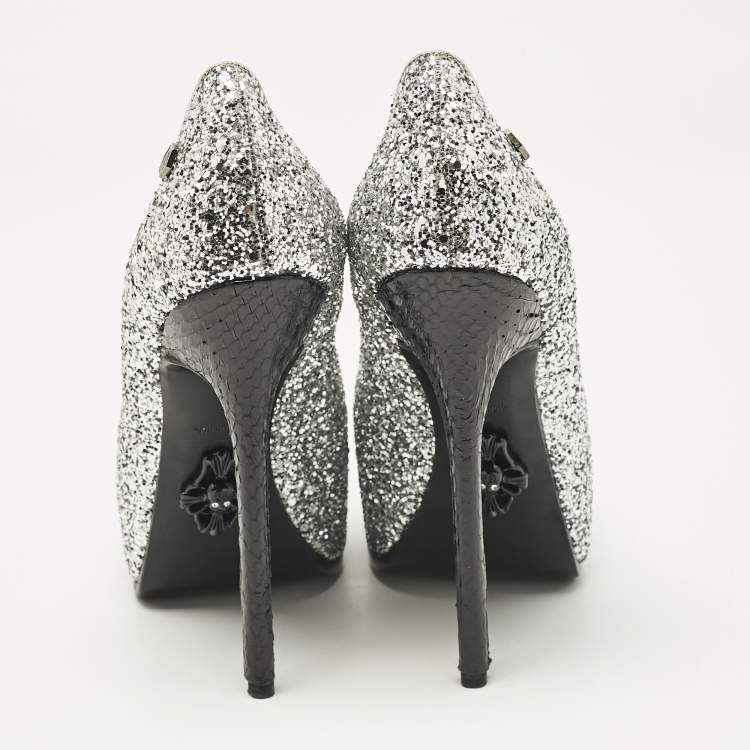 Pre Owned Philipp Plein Silver/Black Glitter and Python Platform Pumps Size 37