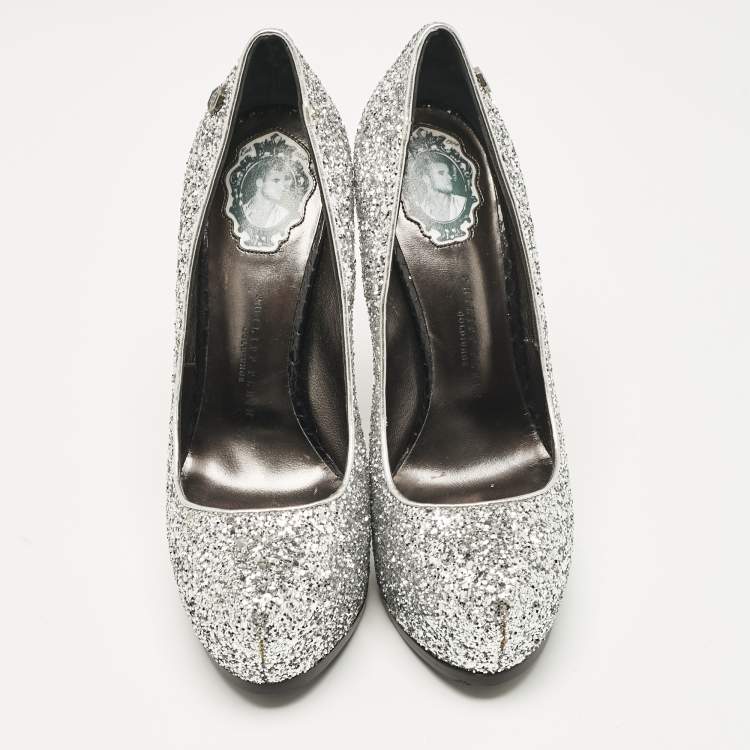 Pre Owned Philipp Plein Silver/Black Glitter and Python Platform Pumps Size 37