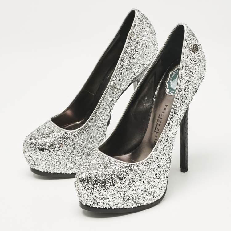 Pre Owned Philipp Plein Silver/Black Glitter and Python Platform Pumps Size 37