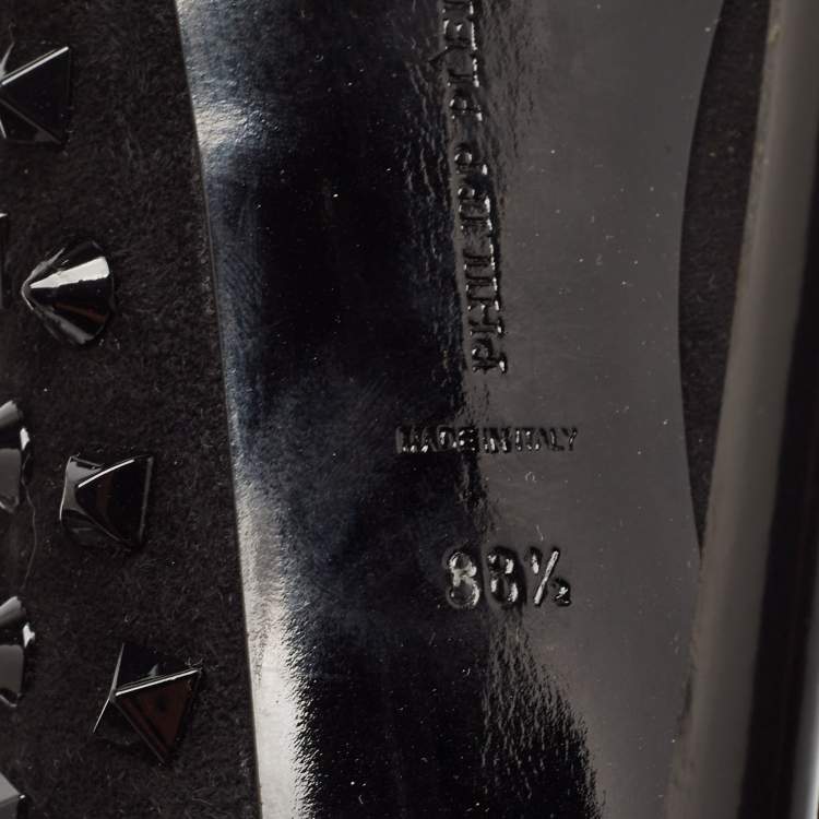 Pre Owned Philipp Plein Black Suede Peep Toe Superstudd Embellished Mid Calf Boots Size 38.5