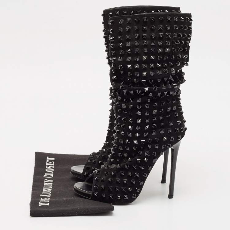 Pre Owned Philipp Plein Black Suede Peep Toe Superstudd Embellished Mid Calf Boots Size 38.5