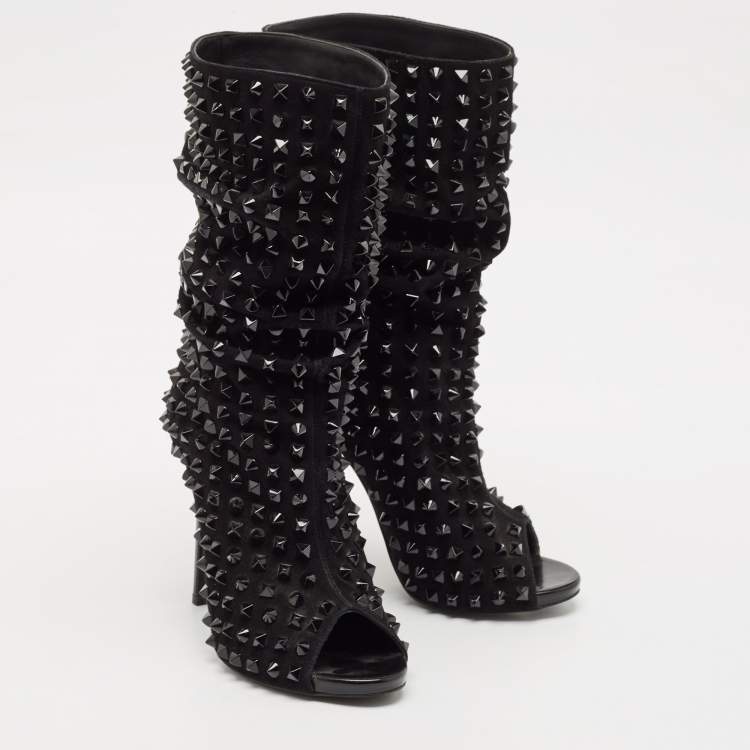 Pre Owned Philipp Plein Black Suede Peep Toe Superstudd Embellished Mid Calf Boots Size 38.5