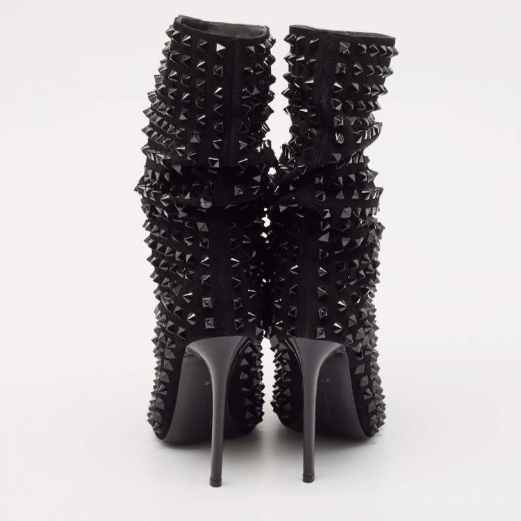 Pre Owned Philipp Plein Black Suede Peep Toe Superstudd Embellished Mid Calf Boots Size 38.5