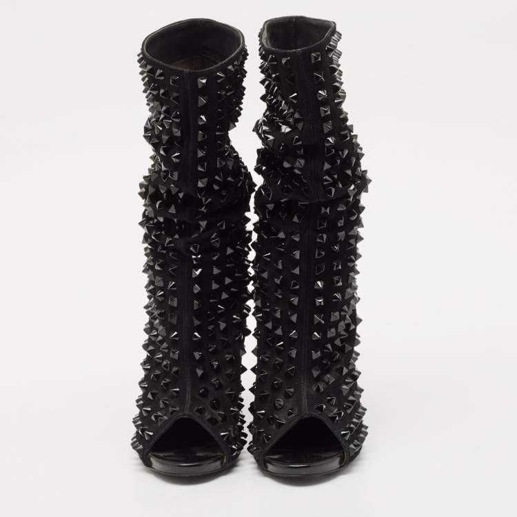 Pre Owned Philipp Plein Black Suede Peep Toe Superstudd Embellished Mid Calf Boots Size 38.5