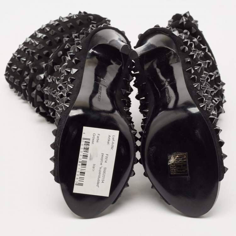 Pre Owned Philipp Plein Black Suede Peep Toe Superstudd Embellished Mid Calf Boots Size 38.5