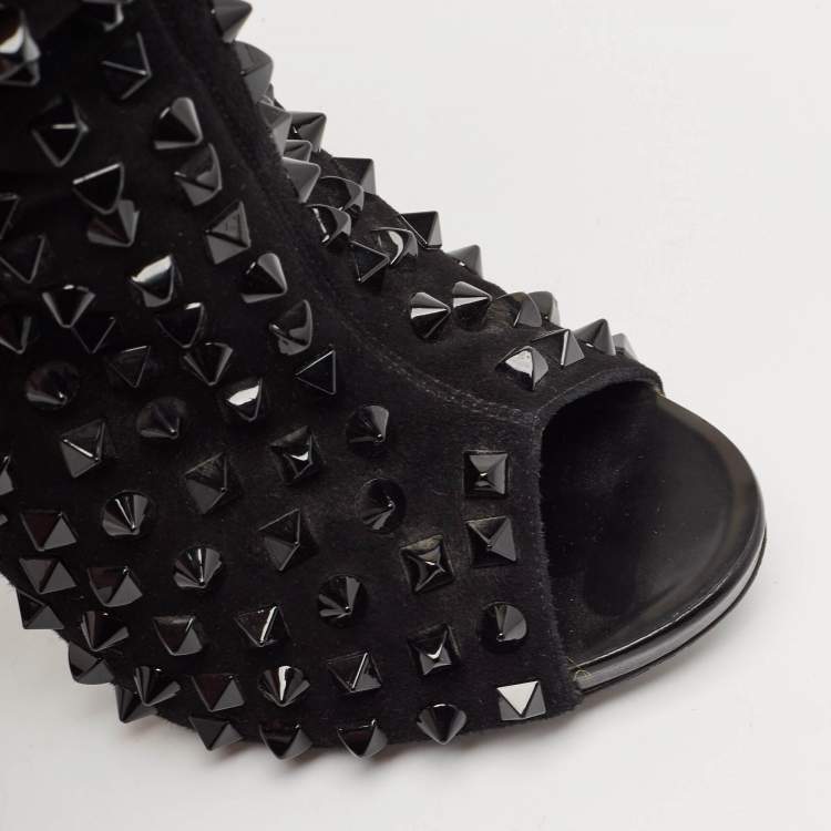 Pre Owned Philipp Plein Black Suede Peep Toe Superstudd Embellished Mid Calf Boots Size 38.5