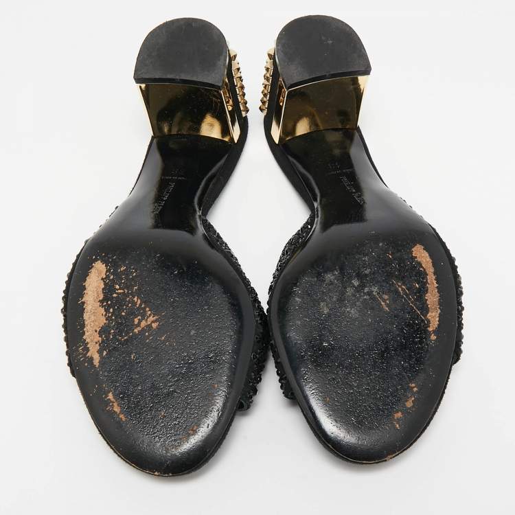 Pre Owned Philipp Plein Black Suede Crystal Slide Sandals Size 38