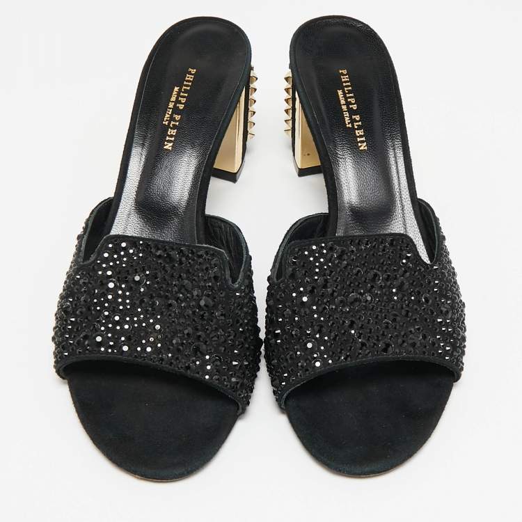Pre Owned Philipp Plein Black Suede Crystal Slide Sandals Size 38