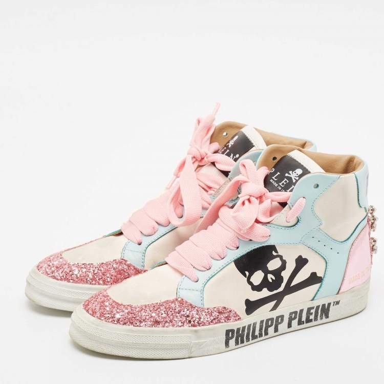 Pre Owned Philipp Plein Multicolor Leather and Crystal Notorious High Top Sneakers Size 37