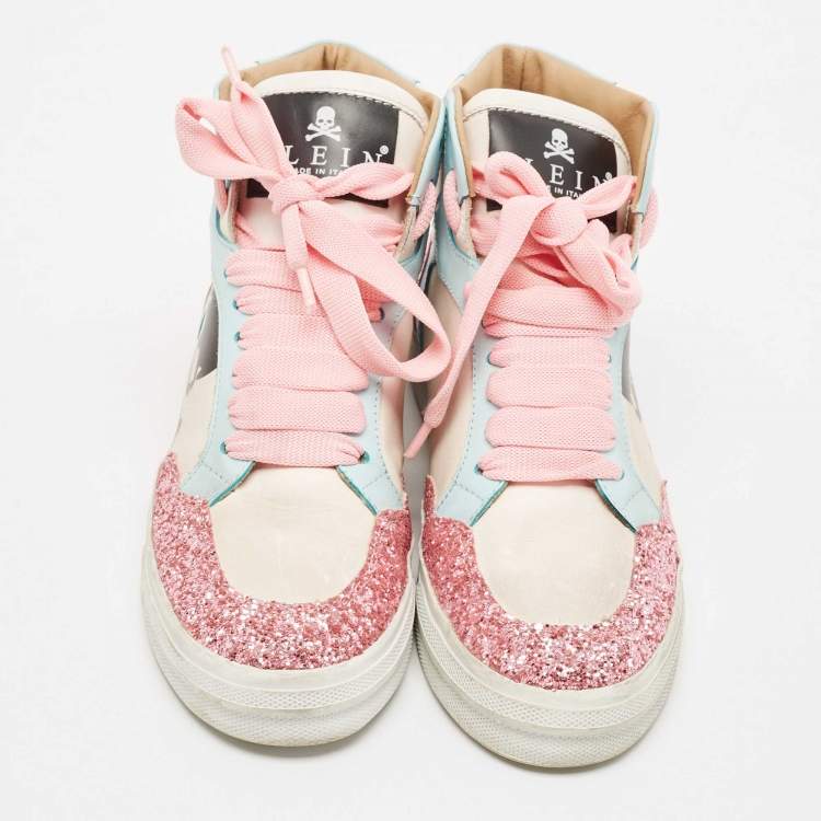 Pre Owned Philipp Plein Multicolor Leather and Crystal Notorious High Top Sneakers Size 37