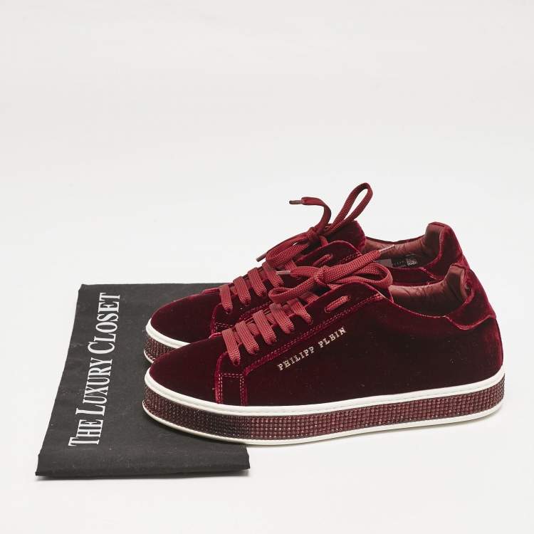 Pre Owned Philipp Plein Burgundy Velvet Crystal Embellished Low Top Sneakers Size 38