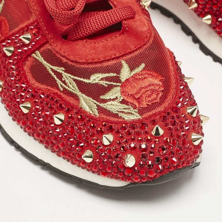 Pre Owned Philipp Plein Red Mesh and Suede Stud Crystal Embellished  Lace Up Sneakers Size 38
