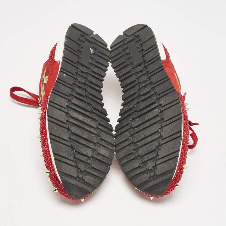 Pre Owned Philipp Plein Red Mesh and Suede Stud Crystal Embellished  Lace Up Sneakers Size 38
