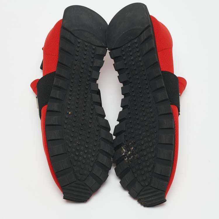 Pre Owned Philipp Plein Red Knit Fabric Logo Strap Slip On Sneakers Size 38