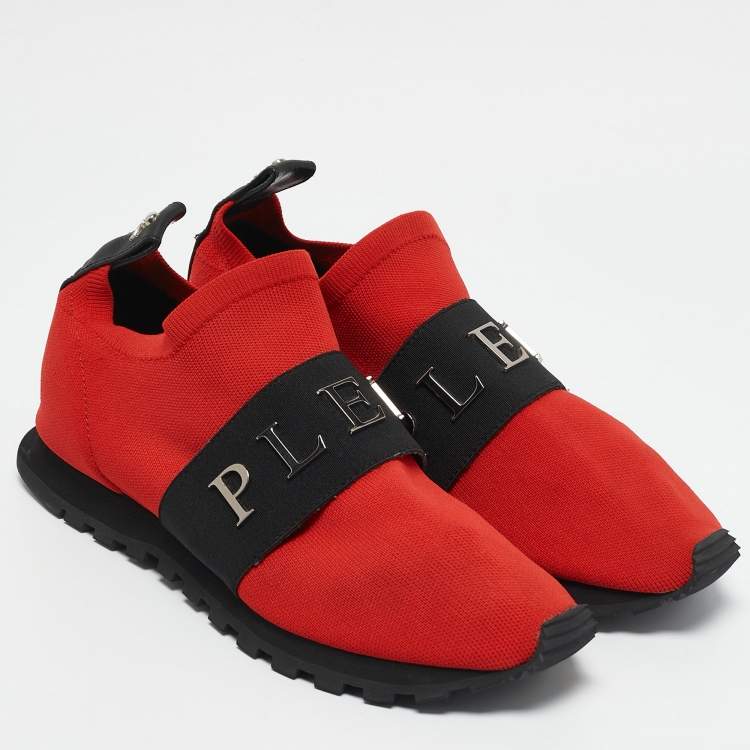Pre Owned Philipp Plein Red Knit Fabric Logo Strap Slip On Sneakers Size 38