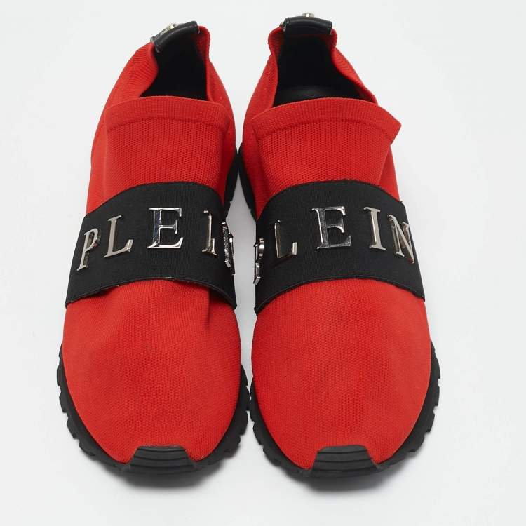Pre Owned Philipp Plein Red Knit Fabric Logo Strap Slip On Sneakers Size 38