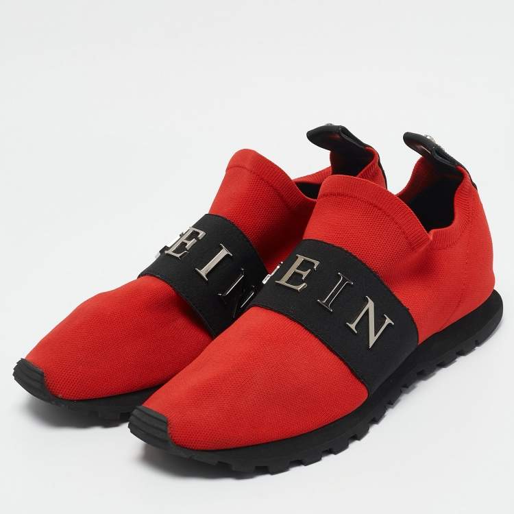 Pre Owned Philipp Plein Red Knit Fabric Logo Strap Slip On Sneakers Size 38