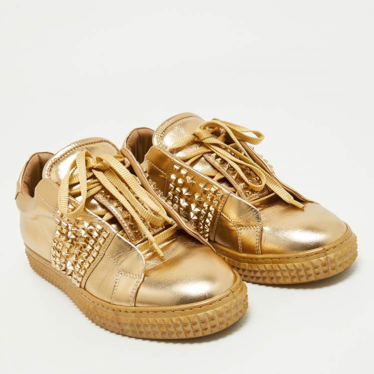 Pre Owned Philipp Plein Gold Leather Spike Studded Sneakers Size 38