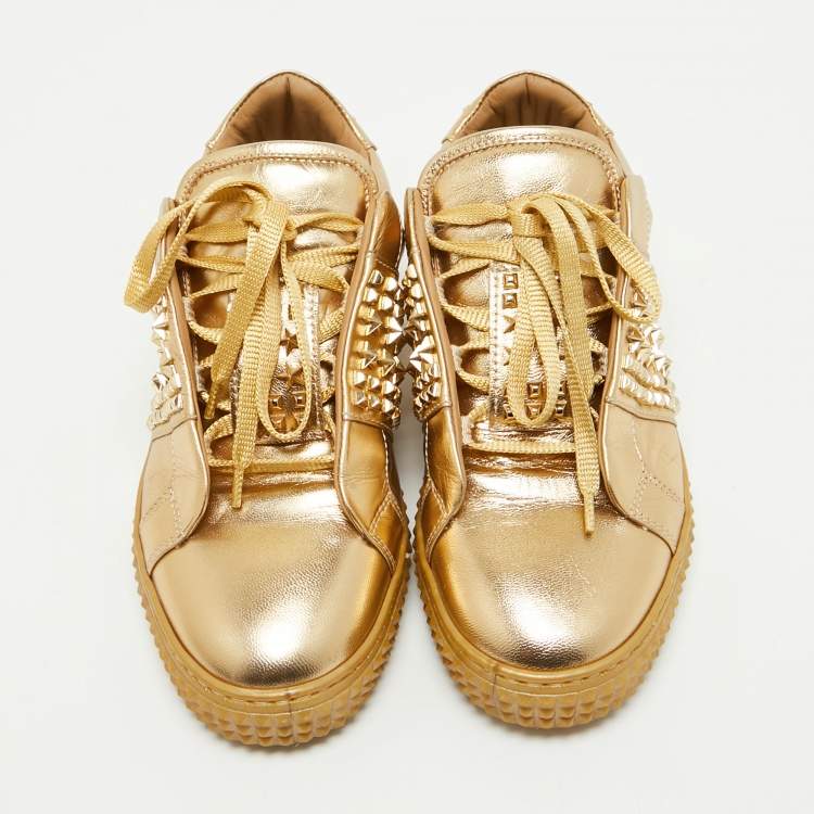 Pre Owned Philipp Plein Gold Leather Spike Studded Sneakers Size 38