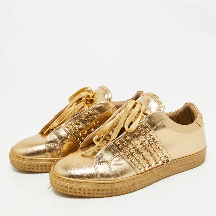 Pre Owned Philipp Plein Gold Leather Spike Studded Sneakers Size 38