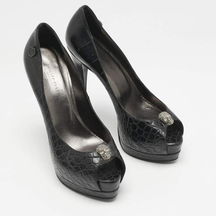 Pre Owned Philipp Plein Black Croc Embossed Leather Skull Peep Toe Platform Pumps Size 38