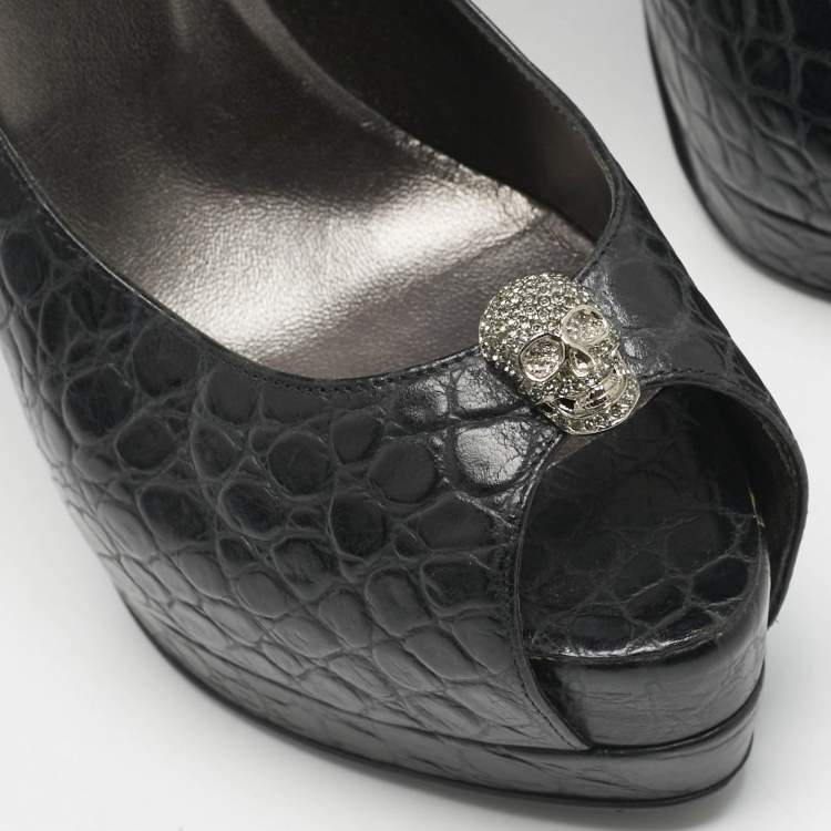 Pre Owned Philipp Plein Black Croc Embossed Leather Skull Peep Toe Platform Pumps Size 38