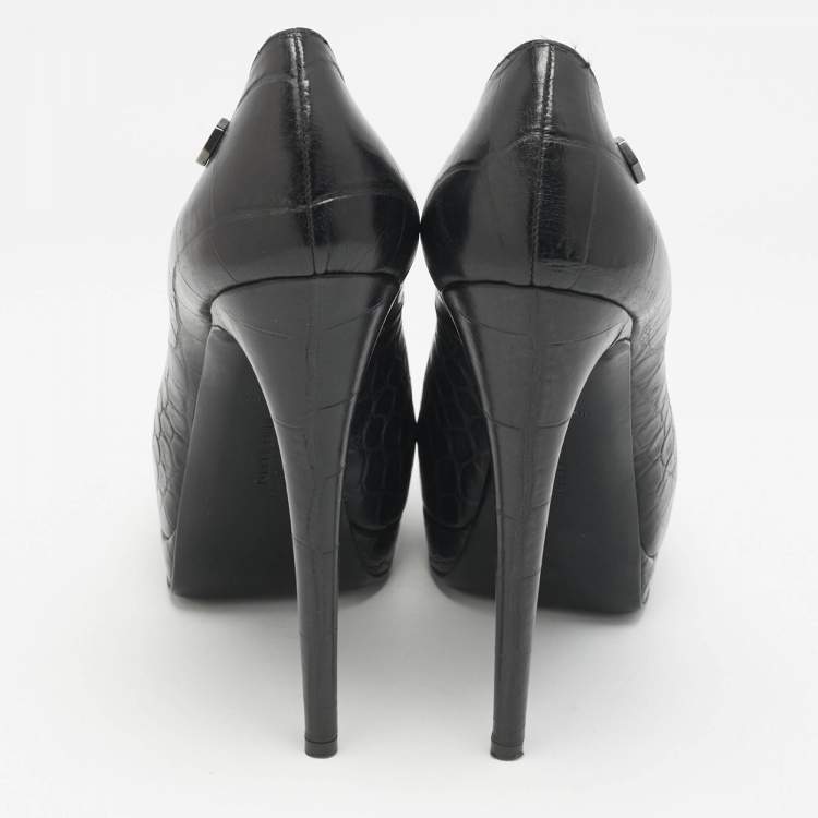 Pre Owned Philipp Plein Black Croc Embossed Leather Skull Peep Toe Platform Pumps Size 38