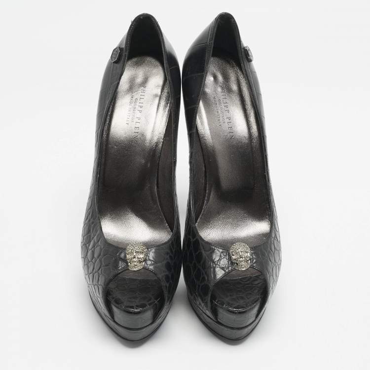 Pre Owned Philipp Plein Black Croc Embossed Leather Skull Peep Toe Platform Pumps Size 38