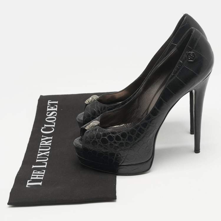 Pre Owned Philipp Plein Black Croc Embossed Leather Skull Peep Toe Platform Pumps Size 38