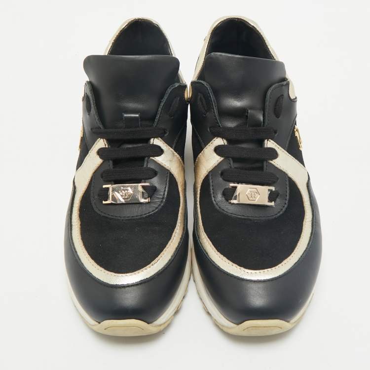 Pre Owned Philipp Plein Black/Gold Leather and Suede Low Top Sneakers Size 38