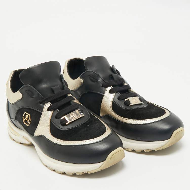 Pre Owned Philipp Plein Black/Gold Leather and Suede Low Top Sneakers Size 38