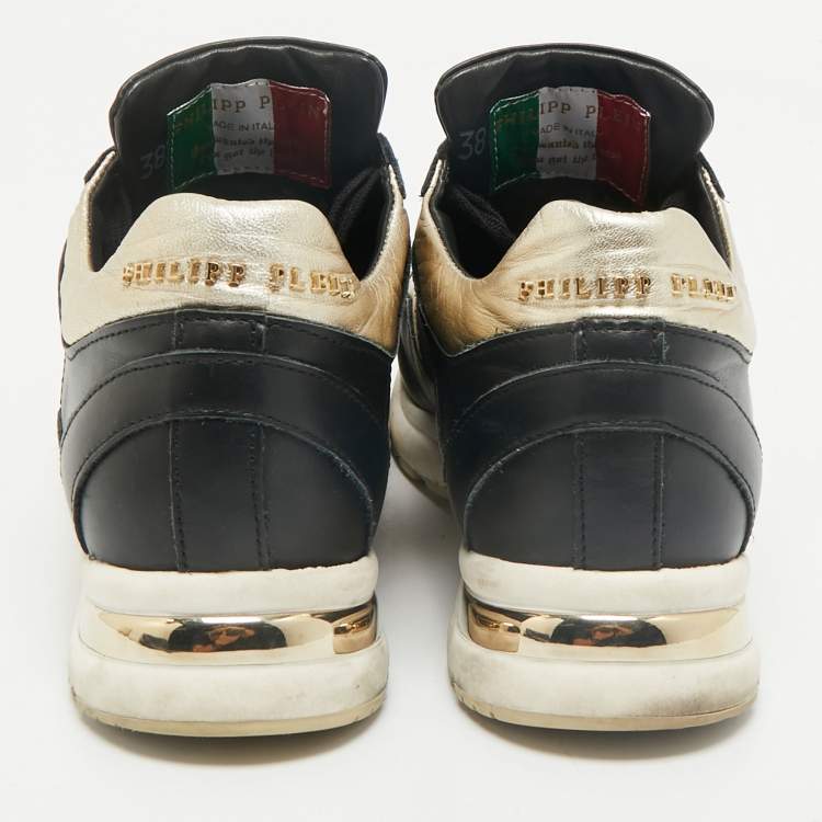 Pre Owned Philipp Plein Black/Gold Leather and Suede Low Top Sneakers Size 38