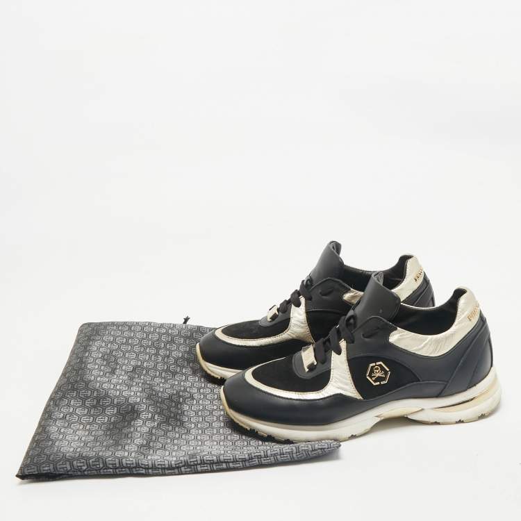 Pre Owned Philipp Plein Black/Gold Leather and Suede Low Top Sneakers Size 38