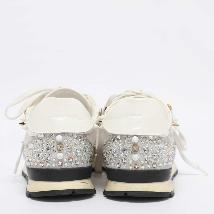 Pre Owned Philipp Plein White Lace and Leather Sanna Embellished Low Top Sneakers Size 36.5