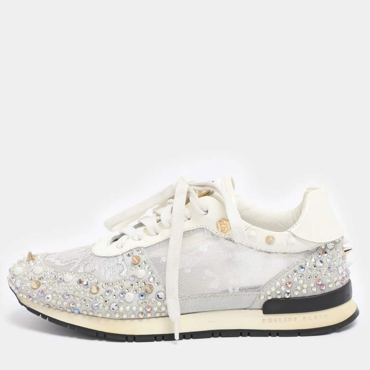 Pre Owned Philipp Plein White Lace and Leather Sanna Embellished Low Top Sneakers Size 36.5