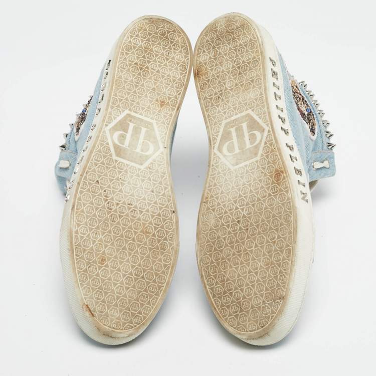 Pre Owned Philipp Plein Blue Denim Studded High Top Sneakers Size 40