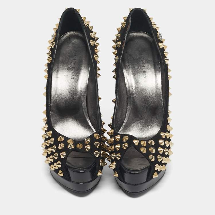 Pre Owned Philipp Plein Black Suede Studded Peep Toe Platform Pumps Size 40