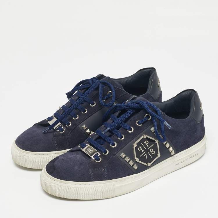 Pre Owned Philipp Plein Navy Blue Leather and Suede Stud Embellished  Lace Up Sneakers Size 40