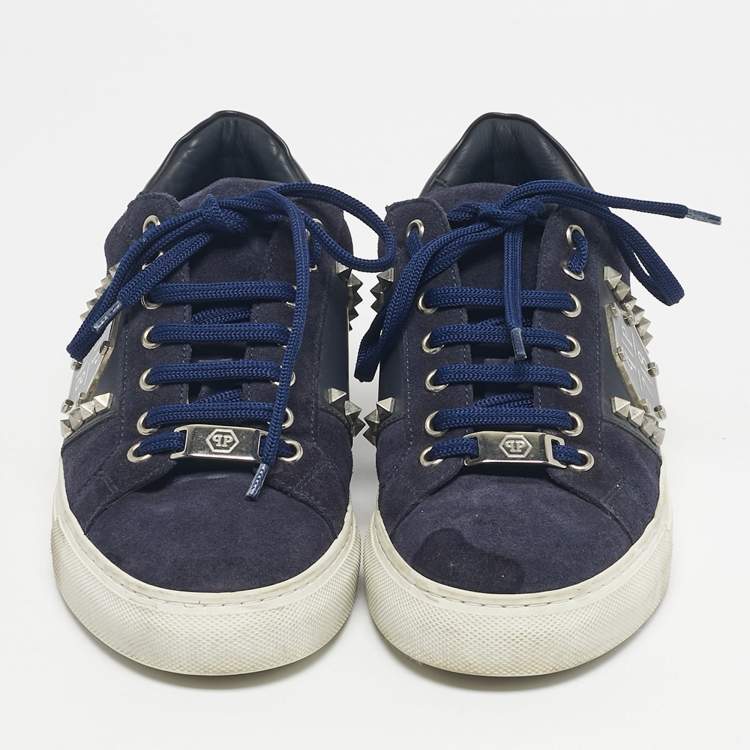 Pre Owned Philipp Plein Navy Blue Leather and Suede Stud Embellished  Lace Up Sneakers Size 40
