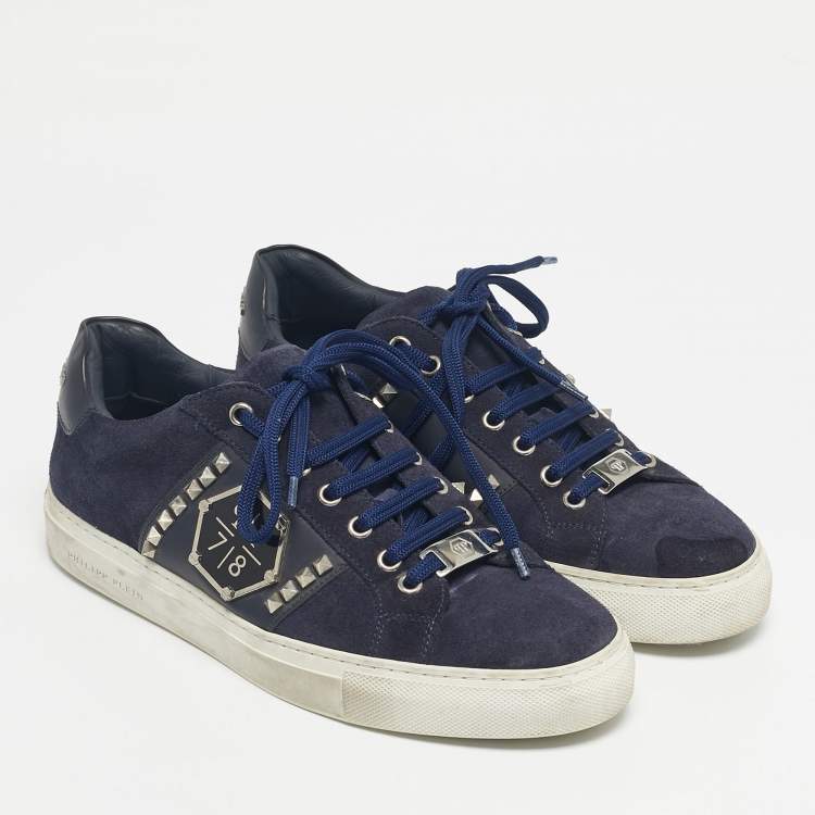 Pre Owned Philipp Plein Navy Blue Leather and Suede Stud Embellished  Lace Up Sneakers Size 40