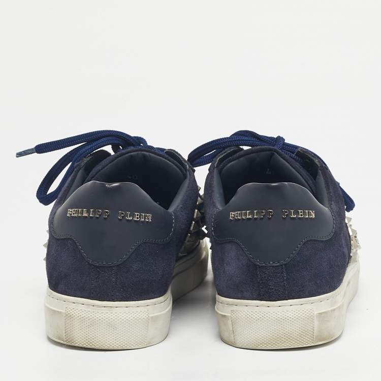 Pre Owned Philipp Plein Navy Blue Leather and Suede Stud Embellished  Lace Up Sneakers Size 40