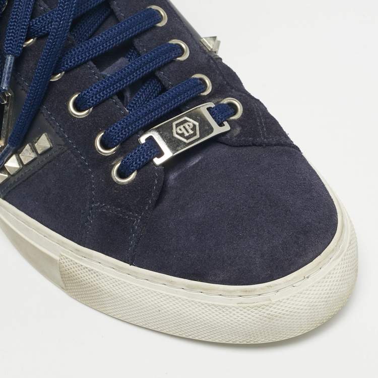Pre Owned Philipp Plein Navy Blue Leather and Suede Stud Embellished  Lace Up Sneakers Size 40