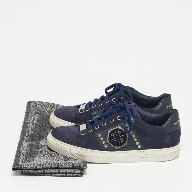 Pre Owned Philipp Plein Navy Blue Leather and Suede Stud Embellished  Lace Up Sneakers Size 40