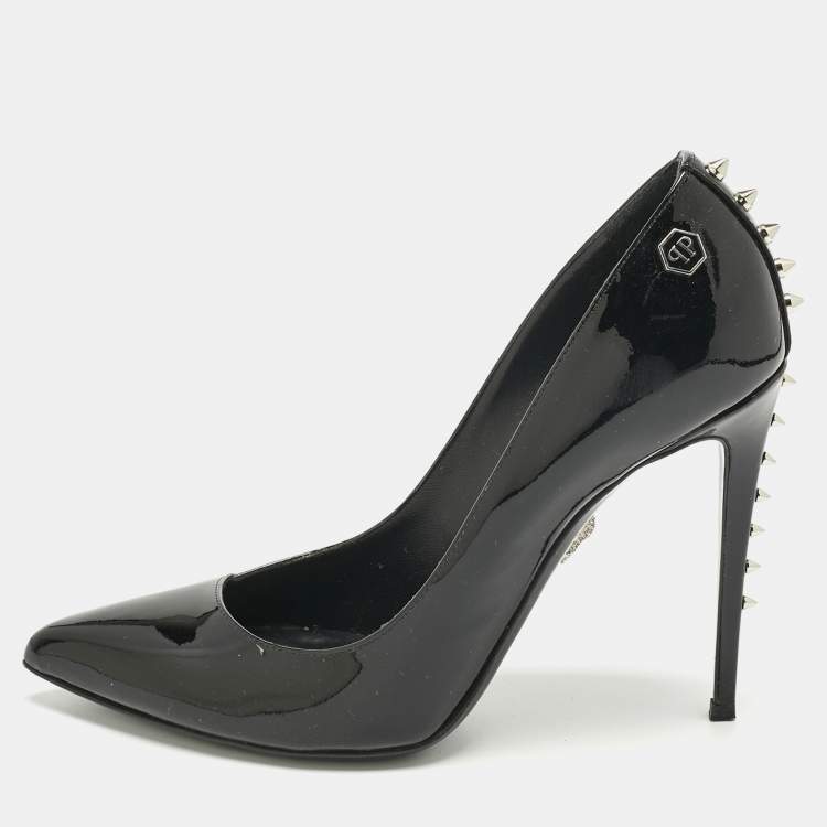Pre Owned Philipp Plein Black Patent Leather Studded Pointed Toe Pumps Size 39